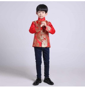 Kids boys chinese dragon tang suit dress coat host singers stage performance tops for boy flower boys wedding party jacket for kid birthday party tang suit top for children