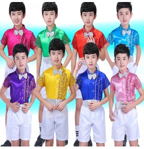 Kids Boys performance Shiny Sequin shorts Sleeve Shirt and shorts Choir Jazz Dance Costume Child Stage Performance Hiphop Dance Top Rave Outfit