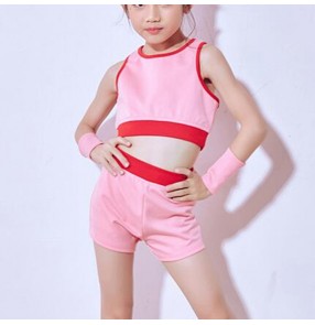 kids cheerleaders stage performance hiphop modern dance outfits for girls boys rap break dance jazz singers model show party competition vest and shorts