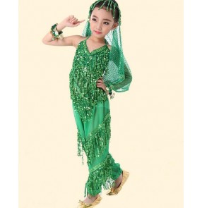 Kids children belly dance costume  belly dance pants and top and head chain and veil and 2pcs  bracelet