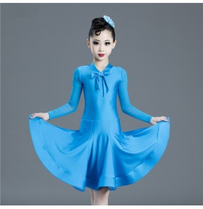 Kids children blue colored long sleeves competition latin dance dresses salsa rumba chacha dance costumes dress