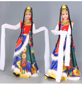 Kids children chinese tibet mongolian water sleeves dress minority stage performance drama cosplay dresses