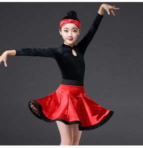 Kids children latin ballroom dance dresses vestito latino per bambini long sleeves velvet double sided wearing skirts stage performance dancewear