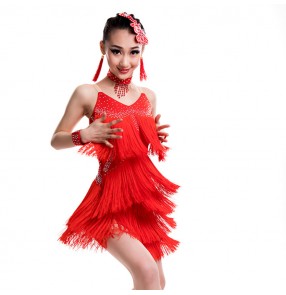 Kids children latin dresses competition professional black red orange stage performance salsa rumba dancing costumes