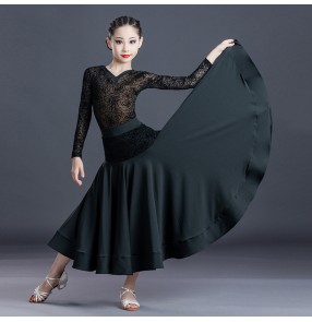 Kids children orange black lace ballroom dance dresses girls stage performance ballroom dance skirts waltz tango dance dress for child