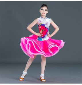 kids children printed latin dance dress salsa rumba chacha dance dress costumes