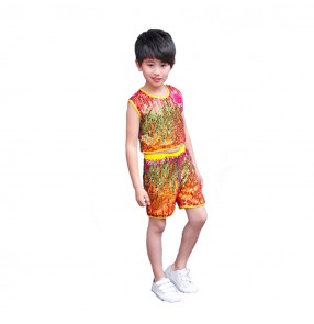 Kids children rainbow sequin modern street jazz dance costumes princess flower girls boy hiphop model show performance outfits costumes