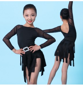Kids children red black fringes latin dance dresses modern dance salsa rumba chacha dance dress costumes