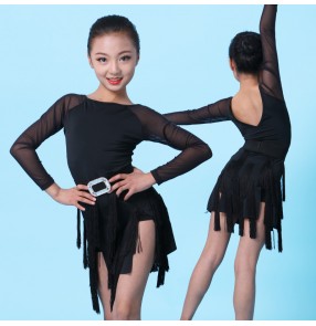 Kids children red black fringes latin dance dresses modern dance salsa rumba chacha dance dress costumes