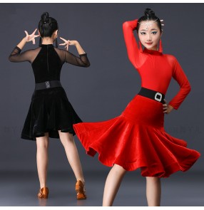 Kids children red black velvet competition latin dance dresses salsa rumba chacha dance dress costumes