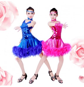 Kids children royal blue white pink sequins competition feather latin dance dresses girls stage performance salsa latin dance dresses