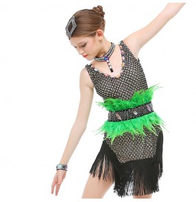 kids children stage performance latin dresses green blue feather diamond salsa chacha rumba fringes dance dresses