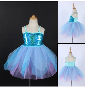 Kids children turquoise sequin modern ballet dance dress for baby toddlers jazz dance costumes ballerina ballet dance leotard dress for girls