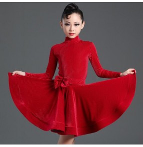 Kids children velvet long sleeves competition latin dance dresses latin dance costumes salsa rumba chacha dance dresses costumes