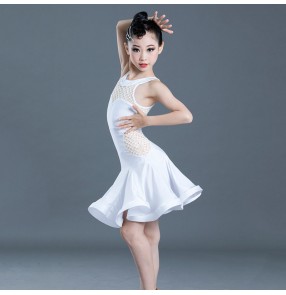 Kids children white black latin dance dresses stage performance salsa rumba chacha dance dresses