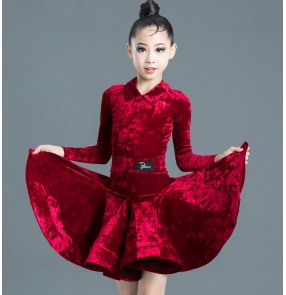 Kids children wine black velvet latin dance dresses stage performance latin dance costumes