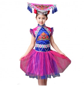 Kids china ancient traditional chinese folk dance costumes violet miao hmong dance dresses drama cosplay dance costumes