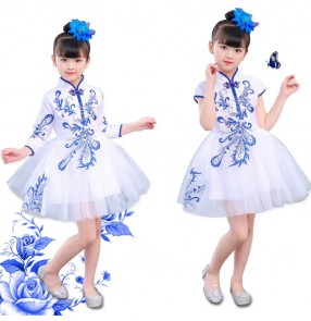Kids china style singer jazz dance dresses model party show white and blue modern dance stage performance competition chorus dress