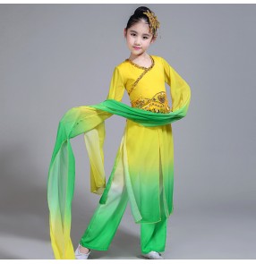 Kids china traditional classical dancing dresses green yellow gradient water fall sleeves fairy princess competition stage performance costumes