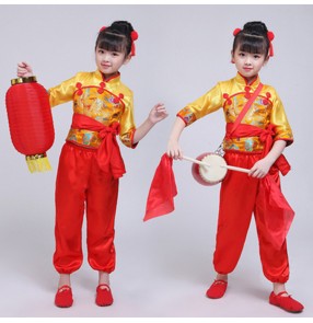 Kids chinese ancient folk dance costumes for girls gold red colored dragon drummer stage performance clothes 