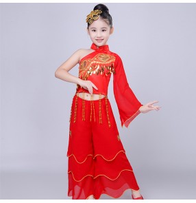 Kids Chinese fan dance costumes red color ancient traditional classical photos party cosplay dancing dresses