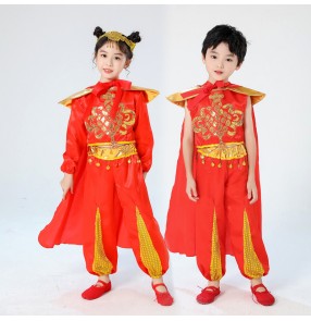 Kids chinese folk dance costumes Children's new year Festive Costume Boys and Girls Drums Northeast Yangko dragon Dance Costume