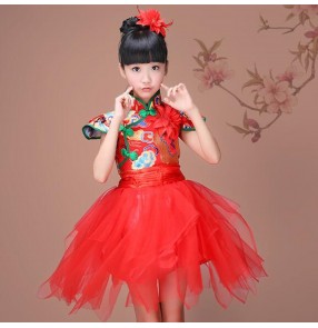 Kids Chinese folk dance costumes China style red damask dragon party singers drummer dancing celebration princess dresses performance outfits