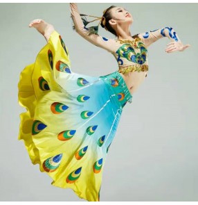 Kids chinese folk dance costumes peacock dancing yellow blue gradient color modern dance dancers photos cosplay performance dresses