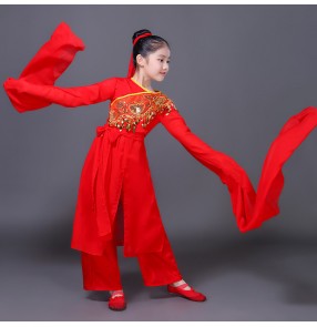 Kids chinese folk dance costumes red color girls ancient traditional yangko fan dancing water fall sleeves dresses