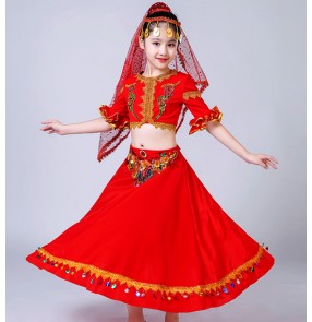 kids chinese folk dance costumes xinjiang Uighur minority indian belly dance dress stage performance drama cosplay dress 