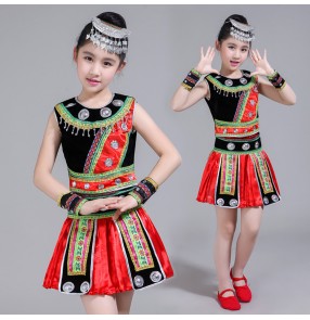 Kids chinese folk dance dresses for girls miao ethnic minority stage performance hmong drama cosplay performance costumes