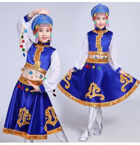 Kids chinese folk dance dresses girls royal blue red Mongolian national dancing photos cosplay party performance robes