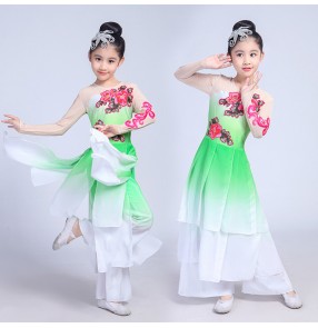 Kids classical traditional dance costumes green pink gradient color fairy stage performance professional yangko fan dancing dresses