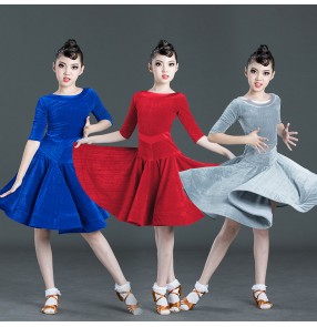 Kids competition latin dance dresses children stage performance velvet ballroom dance dresses costumes