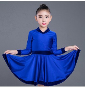 Kids competition latin dress for girl neon green royal blue red black long sleeves velvet ballroom rumba salsa chacha dance dresses