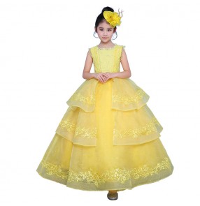 Kids flower girls stage performance dresses yellow color singers princess birthday party celebration pianist dancing photos evening dresses