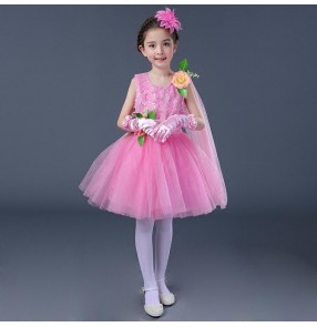 Kids flowers pink princess dresses choir girls children chorus stage performance dresses host singers dresses