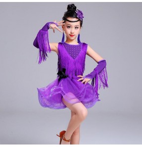 Kids fringes latin dance dress white purple latin dance costumes dress salsa chacha dance dress