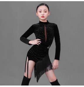 Kids Girls black velvet glitter latin dance dresses modern dance tassels irregular skirts ballroom salsa performance outfits for Children