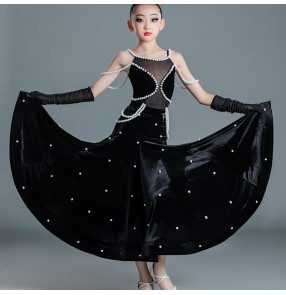 Kids girls black velvet pearl beaded latin ballroom dance dresses ballroom latin competition clothes for children modern dance long dresses