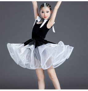 KIds girls Black velvet rhinestones with white competition latin dress modern dance Latin dance costumes salsa chacha dance dress for children