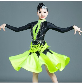 kids girls black with one green competition latin dance dresses show stage performance rhinestones salsa chacha dance dresses