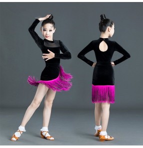 Kids girls black with pink velvet latin dance dresses stage performance salsa chacha rumba dance dresses