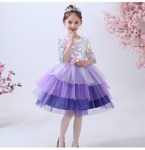 Kids Girls blue purple sequined jazz dance singers performance princess dress birthday flower girl wedding party piano performance sequins model show dress for children