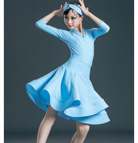 Kids girls blue yellow pink colored competition ballroom latin dance dresses professional ballroom latin performance costumes for children