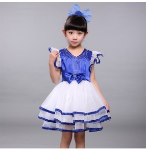 Kids girls boys royal blue jazz dance princess dress chorus dress costumes model show party stage performance dresses