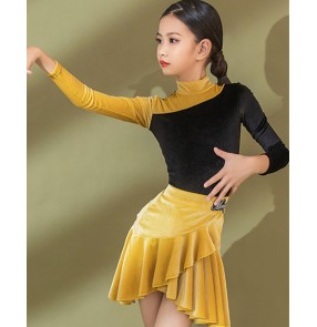 Kids girls gold with black velvet latin dance dresses long sleeve  latin dance skirt velvet competition ballroom latin practice clothes for girl show