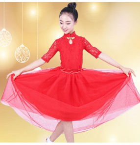 Kids girls lace ballroom dance dresses  robe de bal des filles waltz tango chacha flamenco dress skirts costumes