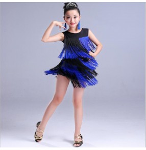 Kids girls latin dress for girls red royal blue pink fringes tassels competition stage performance rumba chacha dancing dresses costumes