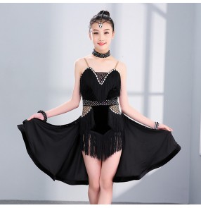 Kids girls latin dresses black fringes diamond competition rumba salsa chacha dance skirts costumes